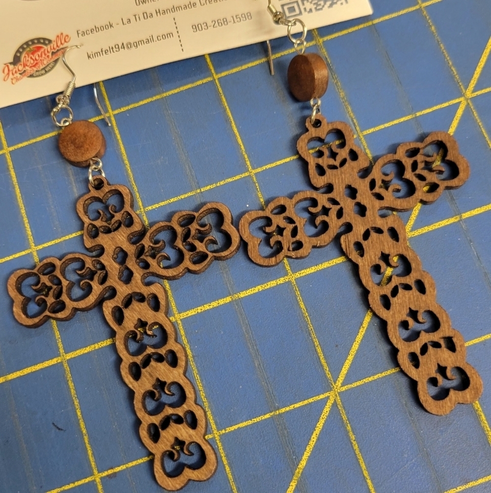 Intricate Wooden Cross 3" Earrings